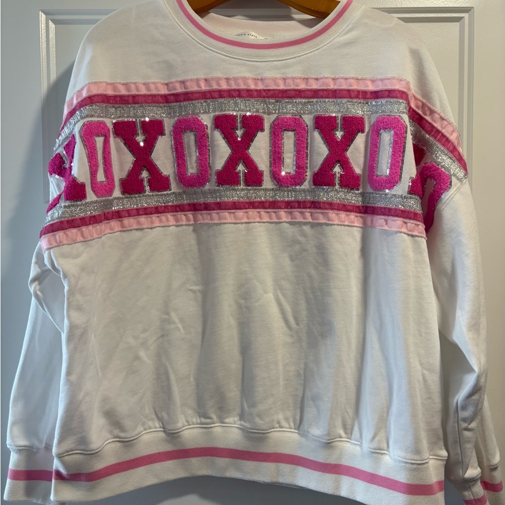 Altar'd State White Sweatshirt with Pink XOXO Stripe, size s